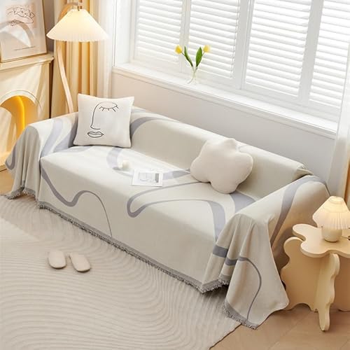 VanderHOME Sofaüberzug Sofa Handtuch Dekoration All-Season Universal Gewebte Quaste Überwurf Sofa Abstrakte Geometrische Linien Multifunktionale weiche Decke Sofakissen Handtuch 180 * 420cm Hellgrau von VanderHOME