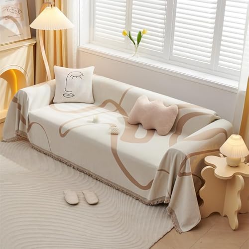 VanderHOME Sofaüberzug Sofa Handtuch Dekoration Universal Gewebte Quaste Überwurf Sofa Abstrakte Geometrische Linien Multifunktionale weiche Bequeme Decke Sofakissen Handtuch 180 * 380cm Khaki von VanderHOME