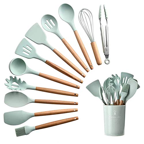VanderHome Kochbesteck Küchenutensilien Set, 11 Stück Silikon Kochgeschirr Set, Küchenhelfer Set Silikon Kochgeschirr, Antihaft Hitzebeständiger Küchenhelfer Utensilien mit Holzgriff, Hellgrün VanderHome Kochbesteck Küchenutensilien Set, 11 Stück Silikon Kochgeschirr Set, Küchenhelfer Set Silikon Kochgeschirr, Antihaft Hitzebeständiger Küchenhelfer Utensilien mit Holzgriff, Hellgrün von VanderHOME