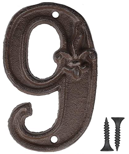 Vandicka Hausnummer aus Gusseisen - Landhausstil, Adressnummernschild, Antikbraun, Rost-Finish mit Fleur de Lis Prägung, 11,7x7,4 cm - Ziffer 9 von Vandicka