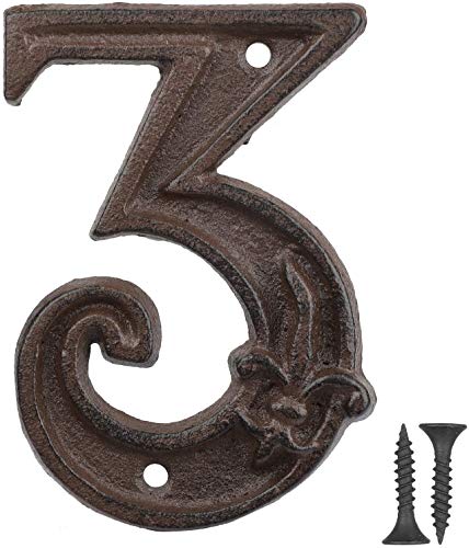 Vandicka Hausnummer aus Gusseisen - Landhausstil, Adressnummernschild, Antikbraun, Rost-Finish mit Fleur de Lis Prägung,11x7,5 cm - Ziffer 3 von Vandicka