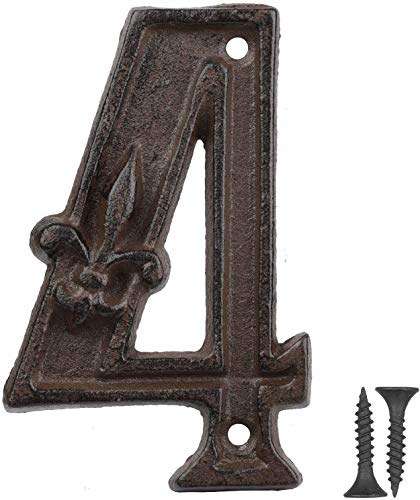 Vandicka Hausnummer aus Gusseisen - Landhausstil, Adressnummernschild, Antikbraun, Rost-Finish mit Fleur de Lis Prägung,11x7 cm - Ziffer 4 von Vandicka