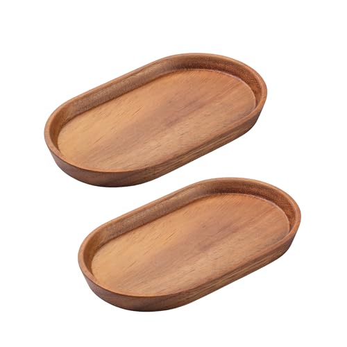 Vandroop Mini Tablett Holz Kleines Serviertablett, Oval Deko Tablett 20x12cm, Servierteller Holztablett für Küchen-Set, Salz- und Pfefferstreuer, für Kaffee und Tee (Akazien Holz - 2 Stück) von vandroop