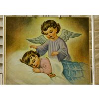 Vintage Kinderzimmer Bild/Liebling Engel Blick Über Schlafendes Kind 1940 Cottage Decor, Wandbehang, 1950 Kleinkinder von VandyleeVintage