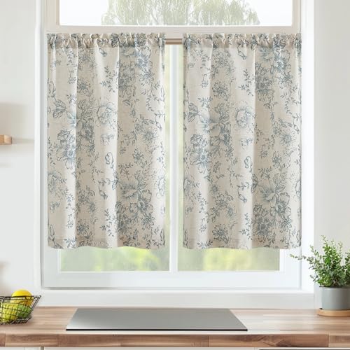 Vangao Blumen Scheibengardinen Kurz Küchengardinen Leinen Vorhang Bistrogardine für Küche Wohnzimmer Badezimmer Kleine Fenster landhausstil Halbtransparent,2er Set 65Bx60H(cm),Blau auf Beige von Vangao
