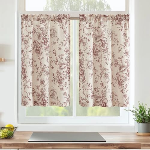 Vangao Scheibengardinen Modern Küche Vorhang Kurz Blumen Vintage Leinenoptik Bistrogardine 2er Set 65Bx60Hcm Landhausstil Wohnwagen Vorhänge Rot und Beige Wohnzimmer Küchengardinen Halbtransparent von Vangao