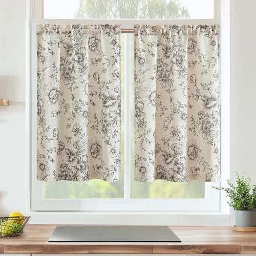 Vangao Blumen Scheibengardinen Kurz Küchengardinen Leinen Vorhang Bistrogardine für Küche Wohnzimmer Badezimmer Kleine Fenster landhausstil Halbtransparent,2er Set 65Bx60H(cm),Schwarz auf Beige von Vangao
