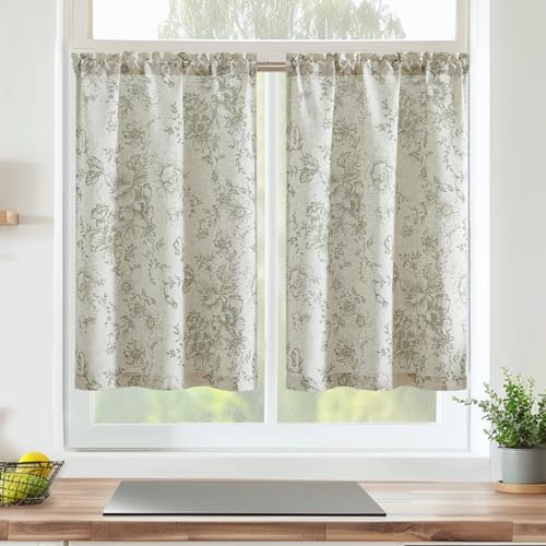 Vangao Blumen Scheibengardinen Kurz Küchengardinen Leinen Vorhang Bistrogardine für Küche Wohnzimmer Badezimmer Kleine Fenster landhausstil Halbtransparent,2er Set 65Bx90H(cm),Grün auf Beige von Vangao