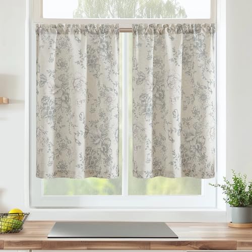 Vangao Blumen Scheibengardinen Kurz Küchengardinen Leinen Vorhang Bistrogardine für Küche Wohnzimmer Badezimmer Kleine Fenster landhausstil Halbtransparent,2er Set 65Bx90H(cm),Schwarz auf Beige von Vangao