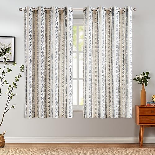 Vangao Boho Vorhänge kurz mit Ösen 2er Set 140Bx175Hcm Wohnzimmer Streifen Leinenoptik Gardinen Landhaus Fenster Gardinen Schlafzimmer Modern Gestreift Geometrisch Landhausstil Vorhang Blau und Beige von Vangao