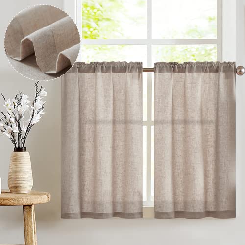 Vangao Leinen Scheibengardinen Küche Braun Bistrogardine 2er Set mit Tunnelzug Küchengardinen für Balkontür Wohnwagen Landhausstil Bauernhaus Gardinen Kurz Sheer Vorhang Halbtransparente 65Bx60Hcm von Vangao