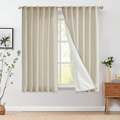 Vangao Gardinen Leinen Vorhänge mit Futter 140Bx145H(cm) Länge für Wohnzimmer Schlafzimmer Landhausstil Bauernhaus Modern Lichtfilterung Fenster Vorhang mit verdeckten Schlaufen 2 Panel Haferfarben von Vangao