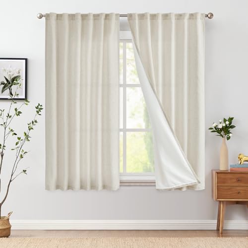 Vangao Gardinen Leinen Vorhänge mit Futter 140Bx145H(cm) Länge für Wohnzimmer Schlafzimmer Landhausstil Bauernhaus Modern Lichtfilterung Fenster Vorhang mit verdeckten Schlaufen 2 Panel Natur von Vangao