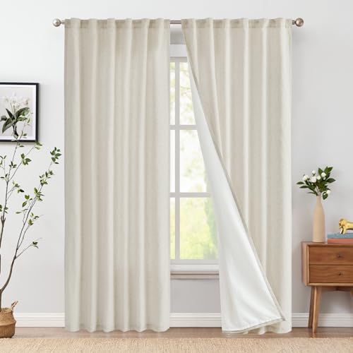Vangao Gardinen Leinen Vorhänge mit Futter 140Bx175H(cm) Länge für Wohnzimmer Schlafzimmer Landhausstil Bauernhaus Modern Lichtfilterung Fenster Vorhang mit verdeckten Schlaufen 2 Panel Natur von Vangao