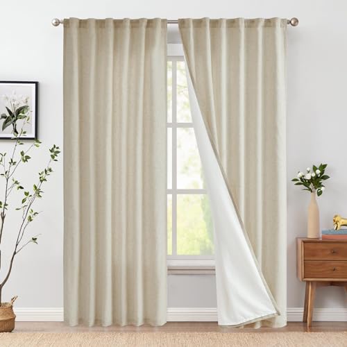 Vangao Gardinen Leinen Vorhänge mit Futter 140Bx210H(cm) Länge für Wohnzimmer Schlafzimmer Landhausstil Bauernhaus Modern Lichtfilterung Fenster Vorhang mit verdeckten Schlaufen 2 Panel Haferfarben von Vangao