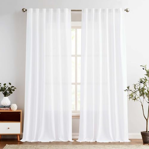 Vangao Gardinen Leinen Vorhänge mit Futter 140Bx245H(cm) Länge für Wohnzimmer Schlafzimmer Landhausstil Bauernhaus Modern Lichtfilterung Fenster Vorhang mit verdeckten Schlaufen 2 Panel Weiß von Vangao