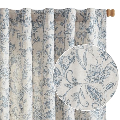 Vangao Gefütterte Vorhänge aus Leinen-Mischgewebe für Schlafzimmer, Blumenvorhänge, 160 cm lang, blaue Blume, bedruckte Vorhänge für Wohnzimmer, Stangentasche, Bauernhaus, gemustert, von Vangao