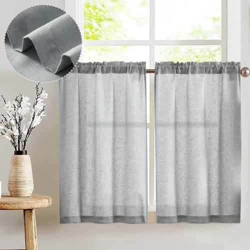 Vangao Leinen Scheibengardinen Küche Grau Bistrogardine 2er Set mit Tunnelzug Küchengardinen für Balkontür Wohnwagen Landhausstil Bauernhaus Gardinen Kurz Sheer Vorhang Halbtransparente 65Bx60Hcm von Vangao