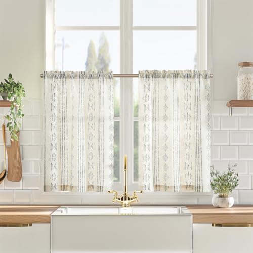 Vangao Küche Scheibengardinen Leinen Bistrogardine für Fenster Esszimmer Küchengardinen Landhausstil Halbtransparent Vorhänge Kurz Bauernhaus Geometrisch Gestreifte 2erSet 65Bx60H(cm) Grau auf Beige von Vangao