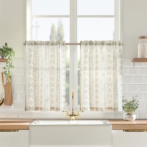 Vangao Küche Scheibengardinen Leinen Bistrogardine für Fenster Esszimmer Küchengardinen Landhausstil Halbtransparent Vorhänge Kurz Bauernhaus Geometrisch Gestreifte 2erSet 65Bx60H(cm) Grün auf Beige von Vangao