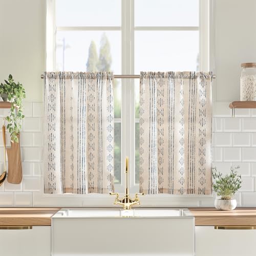 Vangao Küche Scheibengardinen Leinen Bistrogardine für Fenster Esszimmer Küchengardinen Landhausstil Halbtransparent Vorhänge Kurz Bauernhaus Geometrisch Gestreifte 2erSet 65Bx90H(cm) Blau auf Beige von Vangao