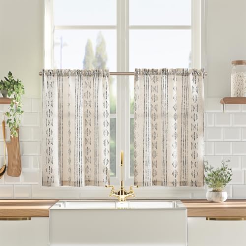 Vangao Küche Scheibengardinen Leinen Bistrogardine für Fenster Tür Esszimmer Küchengardinen Landhausstil Halbtransparent Vorhänge Kurz Geometrisch Gestreifte 2erSet 65Bx90H(cm) Schwarz auf Beige von Vangao