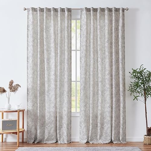 Vangao Leinenoptik Gardinen mit verdeckten Schlaufen Blumen Vorhänge Landhaus 140Bx245H(cm) Halbtransparente Fenster Vorhang für Wohnzimmer Schlafzimmer Badezimmer Pflanze 2 Panels Grau auf Beige von Vangao