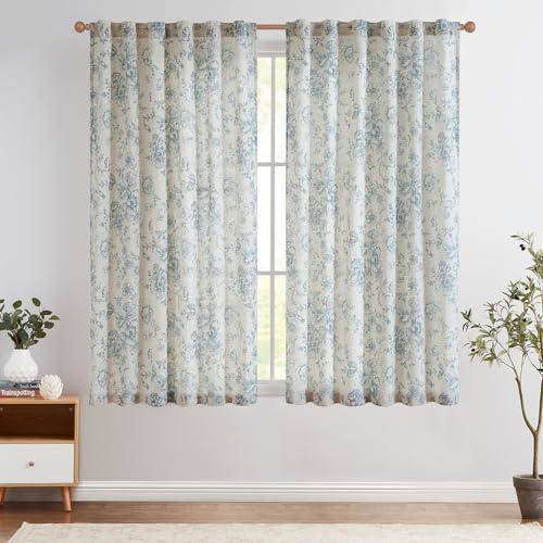 Vangao Leinen Gardinen mit verdeckten Schlaufen Leinen Vorhänge 140Bx145H(cm) Länge Blumen Bedruckte Landhaus Halbtransparent Curtains Fenster Vorhänge für Wohnzimmer 2 Panels Blau auf Beige von Vangao