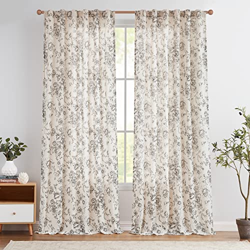 Vangao Leinen Gardinen mit verdeckten Schlaufen Leinen Vorhänge 140Bx245H(cm) Länge Blumen Bedruckte Landhaus Halbtransparent Curtains Fenster Vorhänge für Wohnzimmer 2 Panels Schwarz auf Beige von Vangao