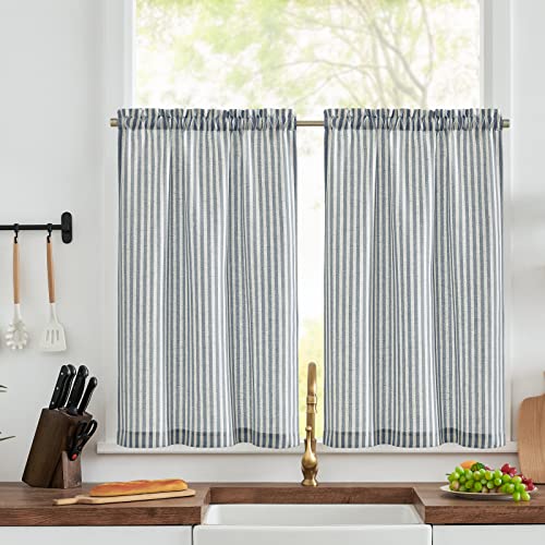 Vangao Leinen Scheibengardine Blau Gestreifte Bistrogardine Streifen Halbtransparente Scheibengardinen Küchen Gardine 65x60cm(BxH) Kurz Fensterschal für Wohnzimmer Kleinfenster Landhaus 2er-Set von Vangao