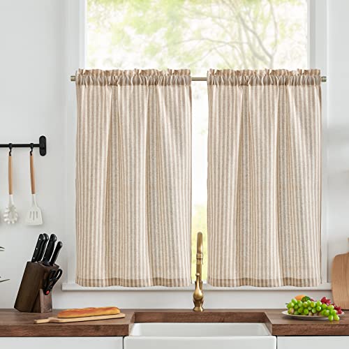 Vangao Leinen Scheibengardine Braun Gestreifte Bistrogardine Streifen Halbtransparente Scheibengardinen Küchen Gardine 65x90cm(BxH) Kurz Fensterschal für Wohnzimmer Kleinfenster Landhaus 2er-Set von Vangao