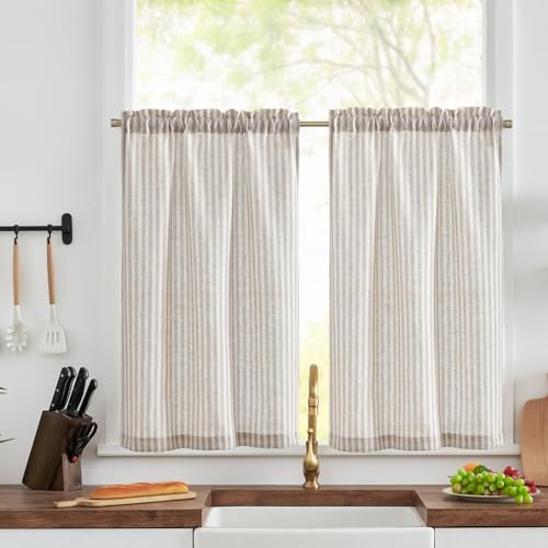 Vangao Leinen Scheibengardine Grau Gestreifte Bistrogardine Streifen Halbtransparente Scheibengardinen Küchen Gardine 65x90cm(BxH) Kurz Fensterschal für Wohnzimmer Kleinfenster Landhaus 2er-Set von Vangao