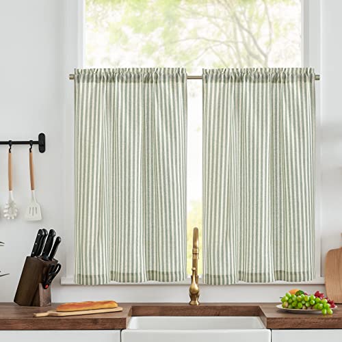 Vangao Leinen Scheibengardine Grün Gestreifte Bistrogardine Streifen Halbtransparente Scheibengardinen Küchen Gardine 65x90cm(BxH) Kurz Fensterschal für Wohnzimmer Kleinfenster Landhaus 2er-Set von Vangao