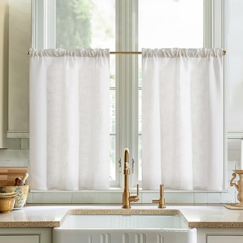 Vangao Scheibengardine Leinen Bistrogardine Küche Einfarbig Modern Vorhänge Halbtransparent Paarig Schals Küchengardinen mit Kräuselband für Wohnzimmer Landhaus Kleine Fenster 2er-Set 65x115cm Weiß von Vangao