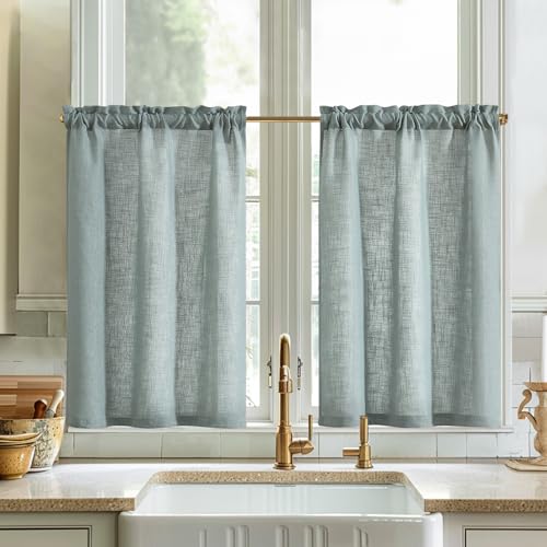 Vangao Scheibengardine Leinen Bistrogardine Küche Einfarbig Modern Vorhänge Halbtransparent Paarig Schals Küchengardinen mit Kräuselband für Wohnzimmer Landhaus Kleine Fenster 2er-Set 65x60cm Olive von Vangao