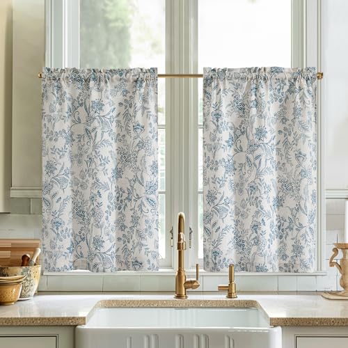 Vangao Leinen Scheibengardine Blumen kurz Vorhang Botanischer Druck Bistrogardine Modern Küchengardinen Gardine für Küche Wohnzimmer Landhaus Halbtransparent 2er-Set Blau auf Beige 65B x 90H(cm) von Vangao