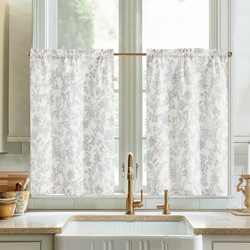 Vangao Leinen Scheibengardine Blumen kurz Vorhang Botanischer Druck Bistrogardine Modern Küchengardinen Gardine für Küche Wohnzimmer Landhaus Halbtransparent 2er-Set Grau auf Beige 65B x 90H(cm) von Vangao