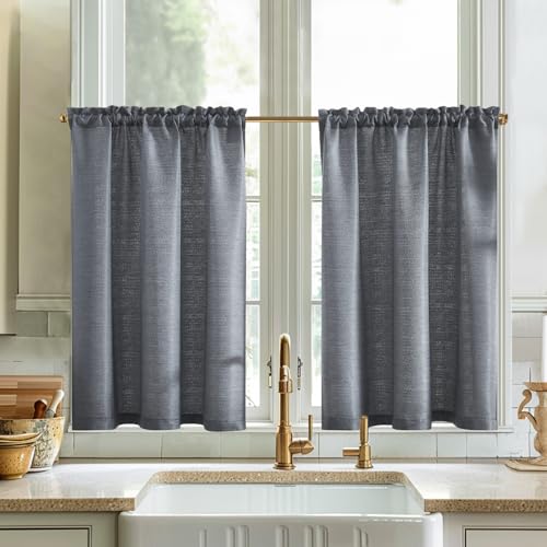 Vangao Scheibengardine Leinenoptik Bistrogardine Uni Modern Küche Schriften Vorhänge Gitter Halbtransparente Paarig Schals für Wohnzimmer Landhaus Kleine Fenster 90x90cm Grau 2er Set von Vangao