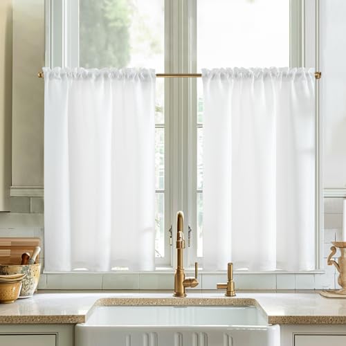 Vangao Scheibengardine Leinenoptik Bistrogardine Uni Modern Küche Schriften Vorhänge Gitter Halbtransparente Paarig Schals für Wohnzimmer Landhaus Kleine Fenster 90x115cm Weiß 2er Set von Vangao