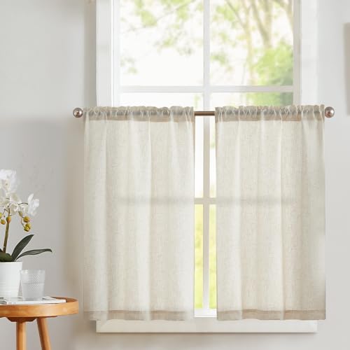 Vangao Scheibengardinen Küche Elfenbein Beige Leinen Bistrogardine mit Tunnelzug Küchengardinen für Balkontür Wohnwagen Landhausstil Bauernhaus Gardinen Kurz Halbtransparente 2er Set 65Bx75Hcm von Vangao