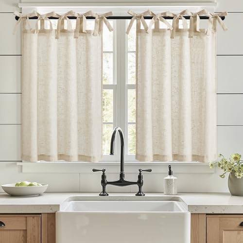 Vangao Scheibengardinen Küche Leinen Bistrogardine mit Bindebändern Küchengardinen für Balkontür Wohnwagen Landhausstil Bauernhaus Gardinen Kurz Halbtransparente Natur Beige 65Bx90Hcm 2er Set von Vangao