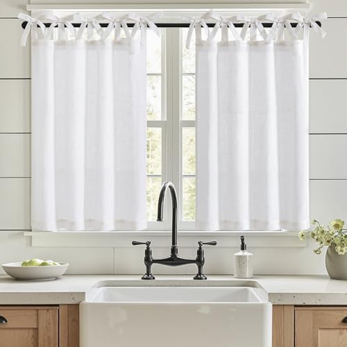 Vangao Scheibengardinen Weiß Modern Küche Leinenoptik Bistrogardine 2er Set 65Bx115Hcm mit Bindebändern Küchengardinen für Balkontür Wohnwagen Landhausstil Gardinen Kurz Halbtransparente von Vangao