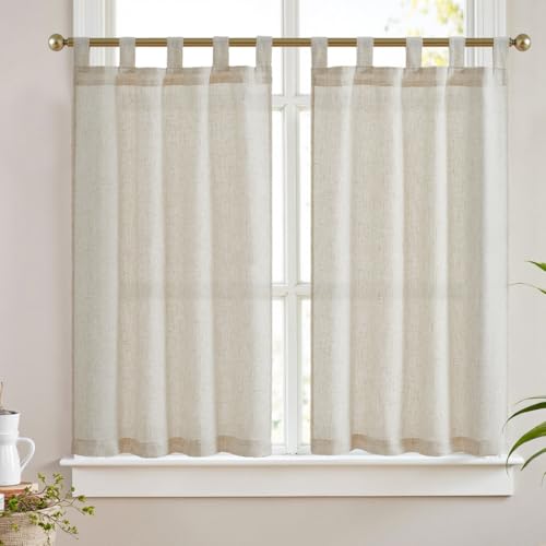 Vangao Scheibengardinen Küche Leinen Bistrogardine mit Schlaufen Küchengardinen für Balkontür Wohnwagen Landhausstil Bauernhaus Gardinen Kurz Halbtransparente Natur Beige 65Bx115Hcm 2er Set von Vangao