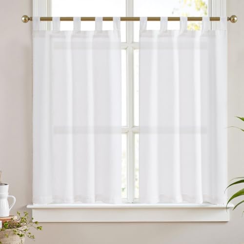 Vangao Scheibengardinen Weiß Modern Küche Leinenoptik Bistrogardine 2er Set 65Bx115Hcm mit Schlaufen Küchengardinen für Balkontür Wohnwagen Landhausstil Gardinen Kurz Halbtransparente von Vangao