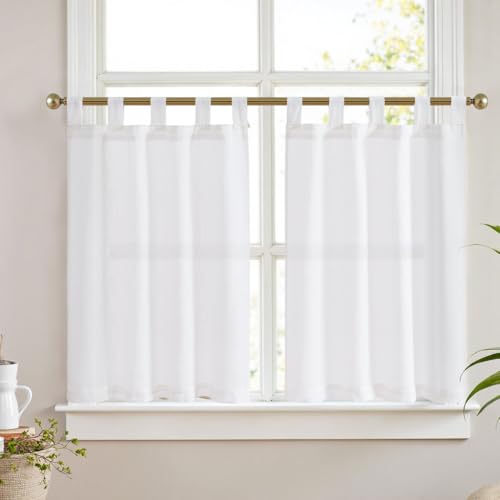 Vangao Scheibengardinen Modern Küche Weiß Leinenoptik Bistrogardine mit Schlaufen Küchengardinen für Balkontür Wohnwagen Landhausstil Gardinen Kurz Halbtransparente 65Bx60Hcm 2er Set von Vangao