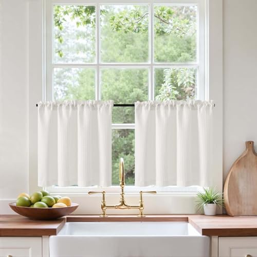 Vangao Scheibengardinen Waffel Privatsphäre Muster Vorhang Fenstervorhang für Kurzfenster Einfarbig Lichtfilterung Gardine für kleine Fenster Küche Wohnzimmer Cafè Landhaus 90Bx60H(cm) Weiß,2 Stücke von Vangao