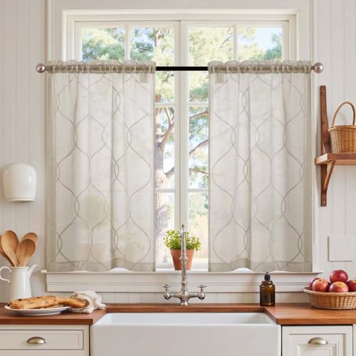 Vangao Scheibengardinen mit Tunnelzug Gestickt Bistrogadine Beige Landhaus Modern Voile Küchenvorhang Küchengardinen Paarig für Badezimmer Klein Fenster Gestreift Dekor Durchsichtig 60Bx90Hcm 2er Set von Vangao