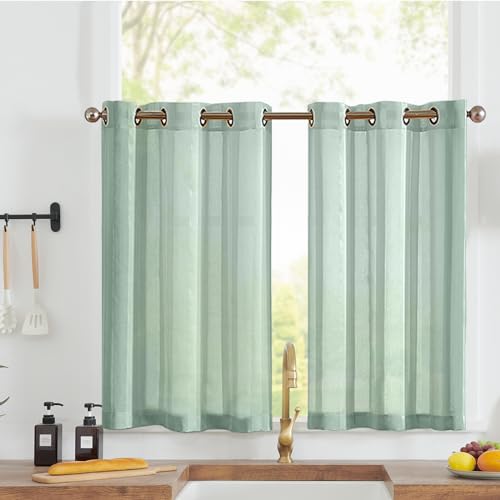 Vangao Sheer Scheibengardinen mit Ösen Transparent Bistrogadine Landhaus Modern Voile Küchenvorhang Gestreift Küchengardinen Paarig für Badezimmer Klein Fenster Dekor 90x115cm(BxH) Blaugrün 2er Set von Vangao