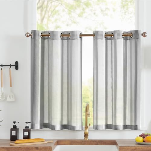Vangao Sheer Scheibengardinen mit Ösen Transparent Bistrogadine Landhaus Modern Voile Küchenvorhang Gestreift Küchengardinen Paarig für Badezimmer Klein Fenster Dekor 90x115cm(BxH) Grau 2er Set von Vangao