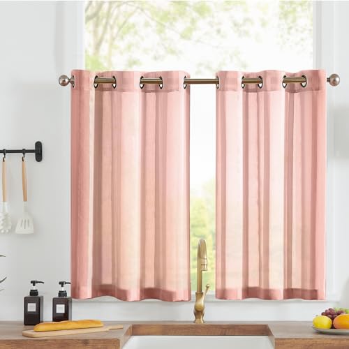 Vangao Sheer Scheibengardinen mit Ösen Transparent Bistrogadine Landhaus Modern Voile Küchenvorhang Gestreift Küchengardinen Paarig für Badezimmer Klein Fenster Dekor 90x115cm(BxH) Rosa 2er Set von Vangao